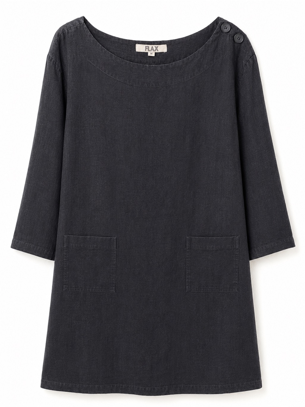 FLAX Linen Black Shift Dress Tunic Pockets Button Shoulder Medium
